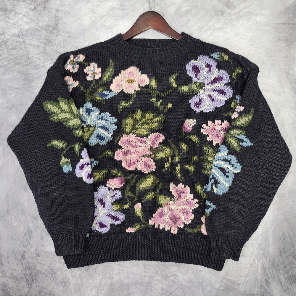 Vintage 100% Pure Wool Floral Hand Knit Sweater South Wool Pansies Garden